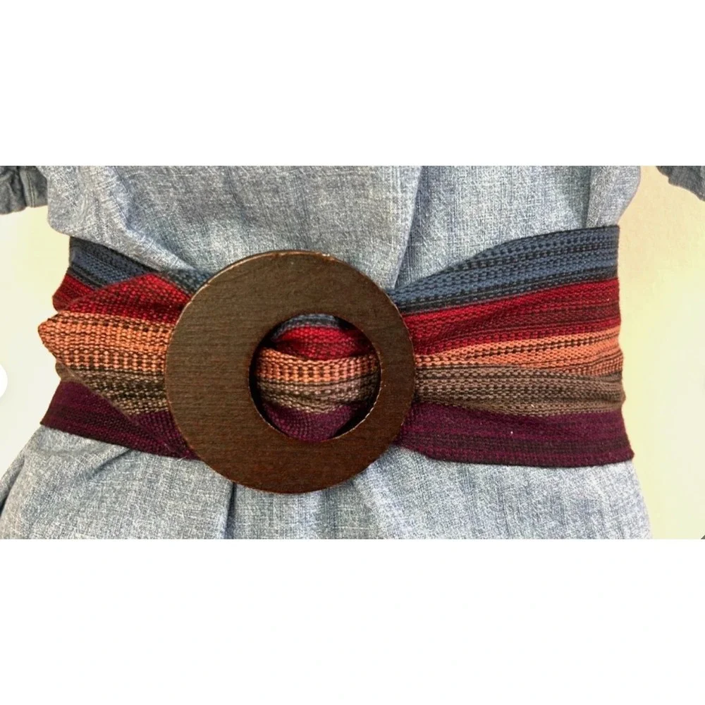 Bohemian MultiColor Woven Belt M Round Wooden Buckle Hippie Festival Wide Cinch
